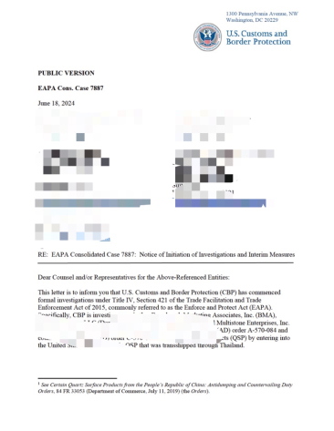 EAPA Action: Notice of Initiation and Interim Measures for EAPA Case 7887 & 7888&ndash; Quartz Surface Products from China
